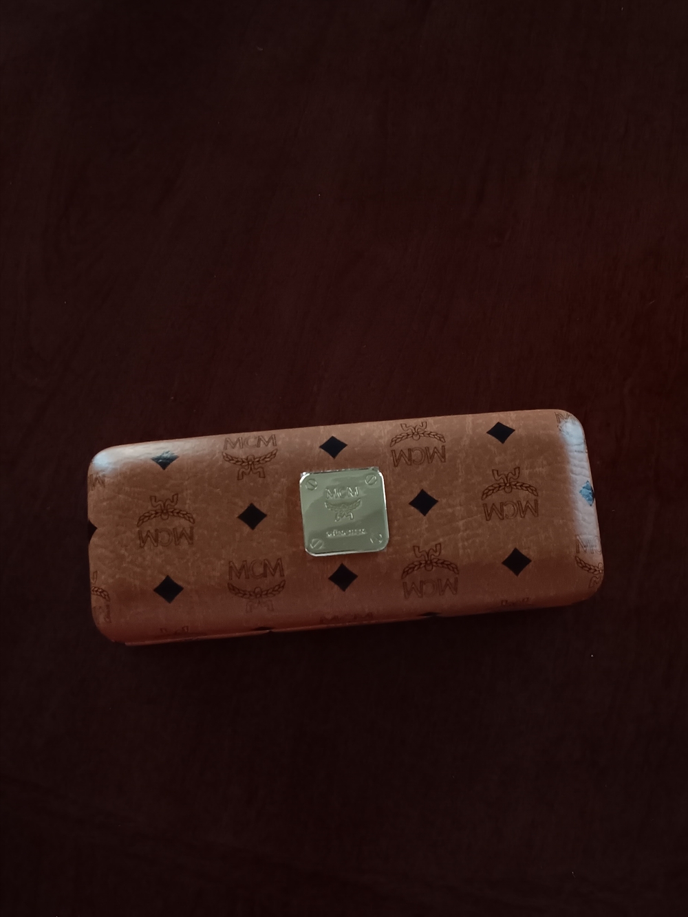 MCM Cognac Brown Logo Hard Shell Glasses Case with Gold Plaque